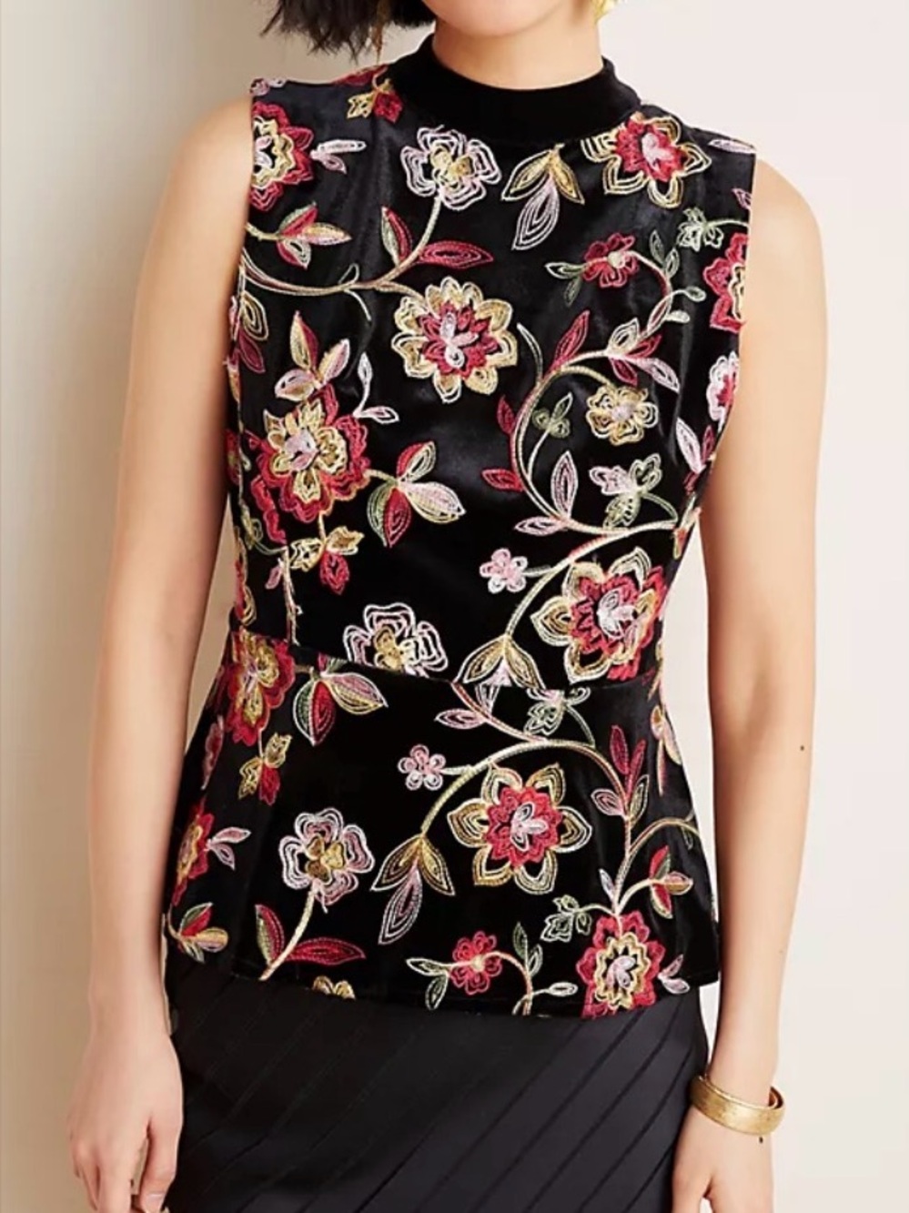 Black Velvet Floral Embroidered Peplum Style Top